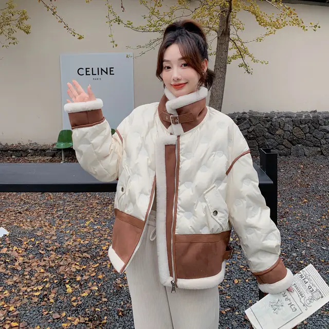 Suede Stitching Lamb Fur White Duck Down Thickened Coat Beige - Shop at LoveMi