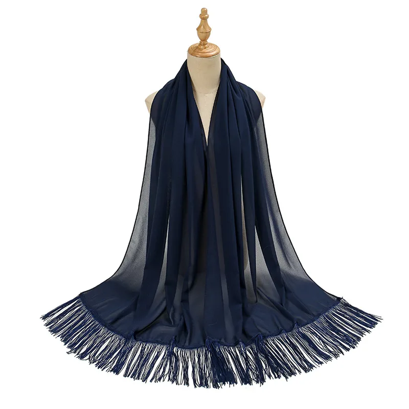 Pearl Chiffon Bubble Towel Long Fringe Decorative Scarf 2 Navy Blue - Shop at LoveMi