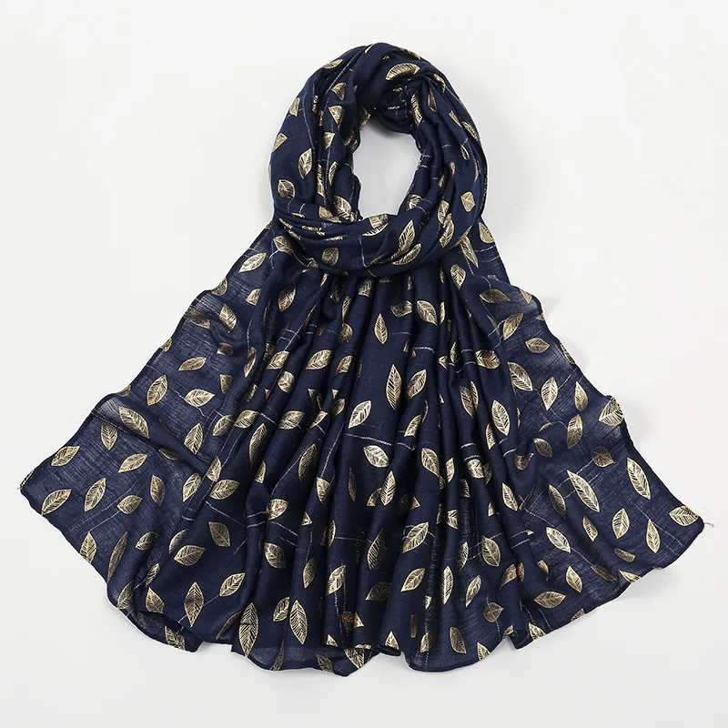Leaves Bronzing Cotton And Linen Feel Scarf Thin 3 Navy Blue - Shop at LoveMi