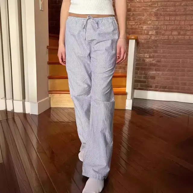 Retro Drawstring Elastic Tie Striped Casual Pants Striped Straight leg All matching Trousers - Shop at LoveMi