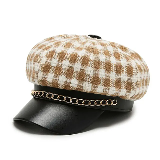 Octagonal Cap Women's Retro Chain Plaid Woolen Soft Top Beret Khaki - Shop at LoveMi