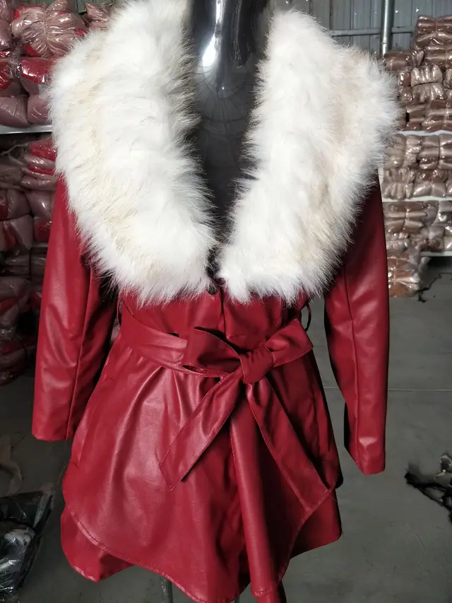 6 color Leather Imitation Fox Fur Collar Women's Mid length Coat Red Leather White Gold Tip - Shop at LoveMi