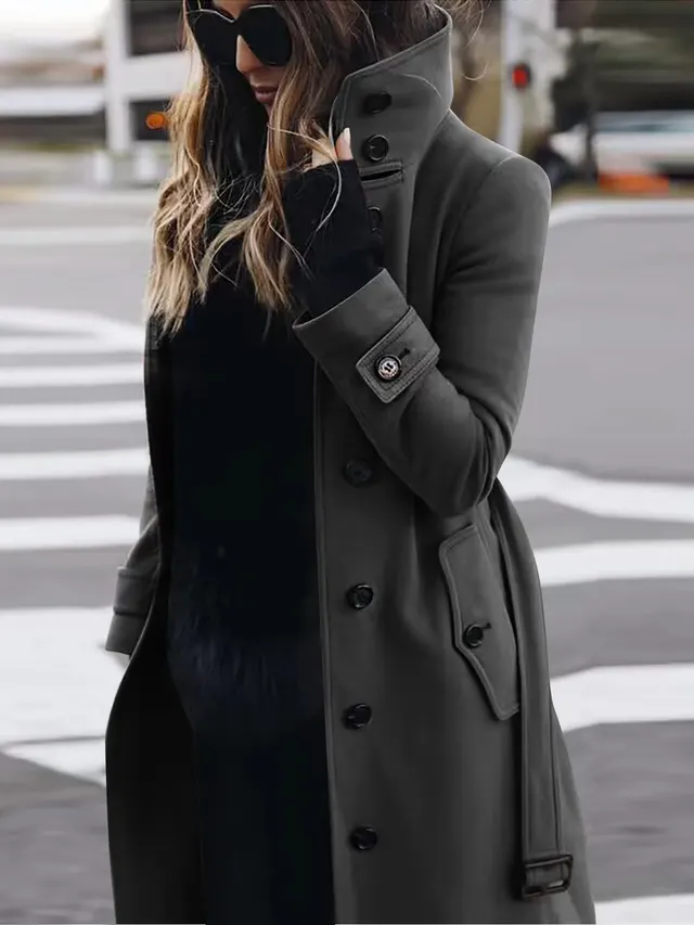 Autumn Winter New Woolen Coat Women's Slim Fit Cardigan Large Coat Women Long Sleeve Single Breasted Stand Collar Woolen Coat Dark Gray - Shop at LoveMi