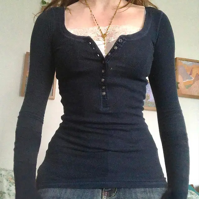 Button Pullover Long Sleeve Top Fake Two Pieces T shirt Black - Shop at LoveMi