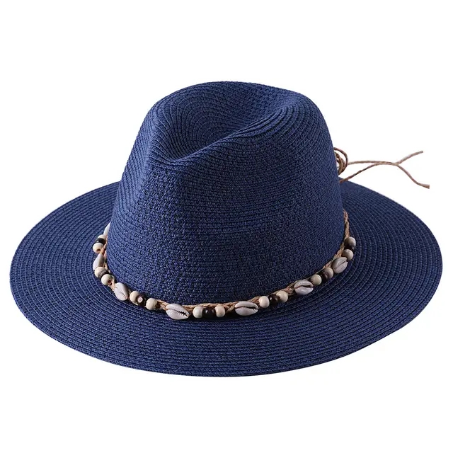 Hat Female Summer Sun Hat Seaside Shell Wooden Bead Navy Blue - Shop at LoveMi
