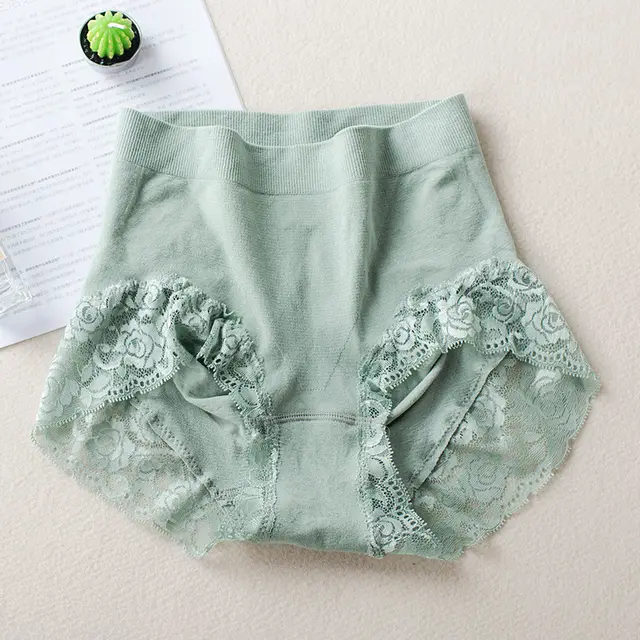 Plus Size High Elastic Belly Contracting Hip Lifting Bamboo Fiber Women's Underwear High Waist Lace Green - Shop at LoveMi