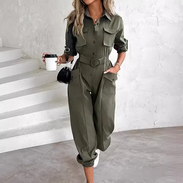 European And American New Women's Clothes Waist tied Leisure Cargo Jumpsuit Army Green - Shop at LoveMi