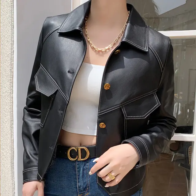 Coat Collar Buckle Leather Women's Short Slim fitting Biker Black - Shop at LoveMi