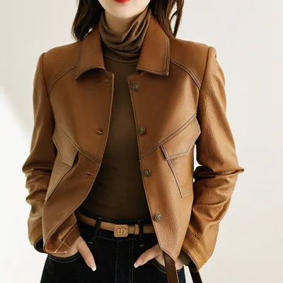 Coat Collar Buckle Leather Women's Short Slim fitting Biker Brown - Shop at LoveMi