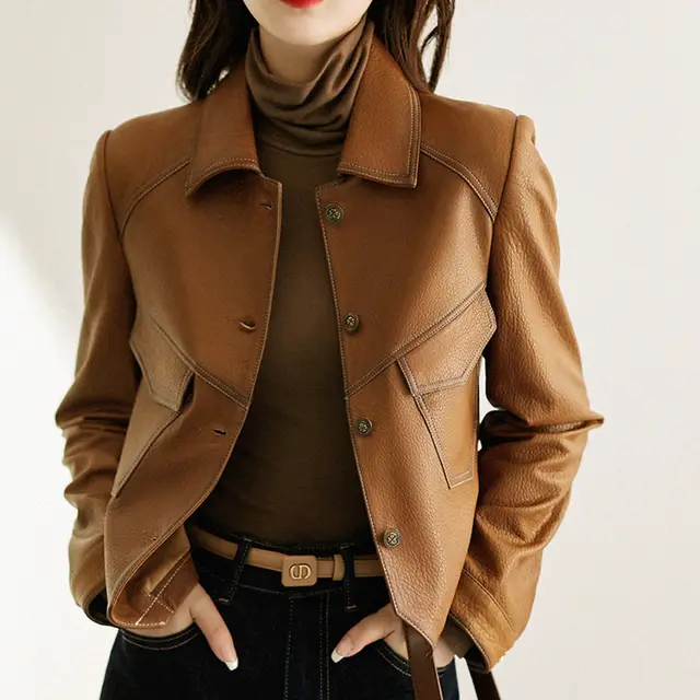 Coat Collar Buckle Leather Women's Short Slim fitting Biker Brown - Shop at LoveMi