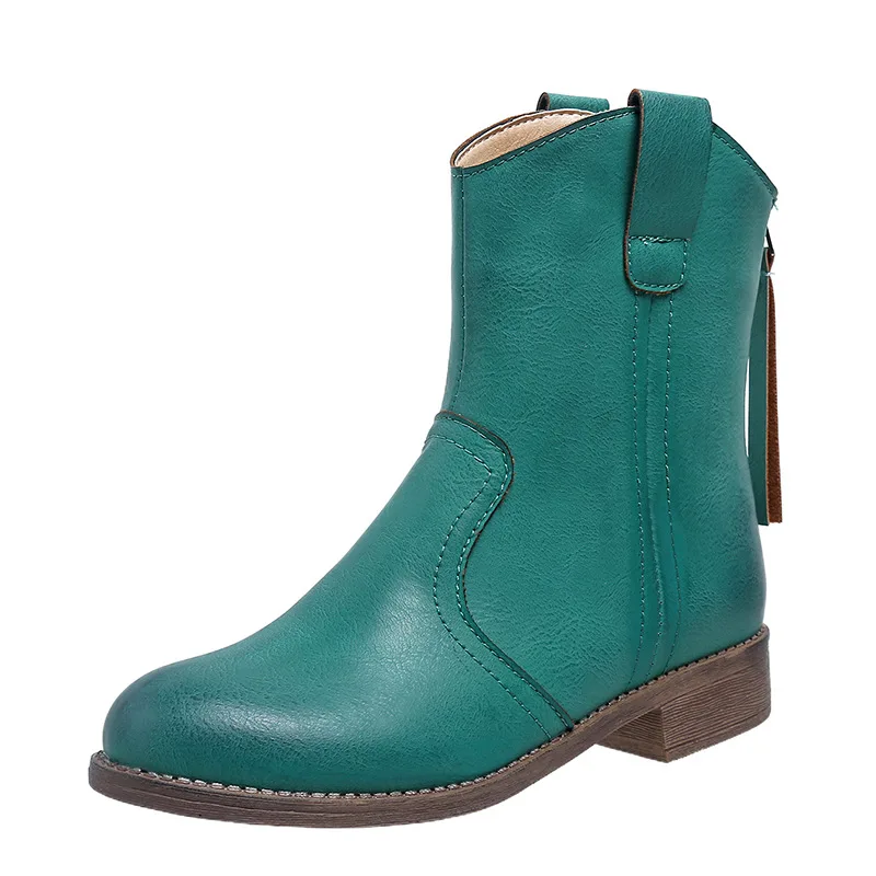 Women's Fashion Retro Low Heel Back Zipper Leather Booties - Green