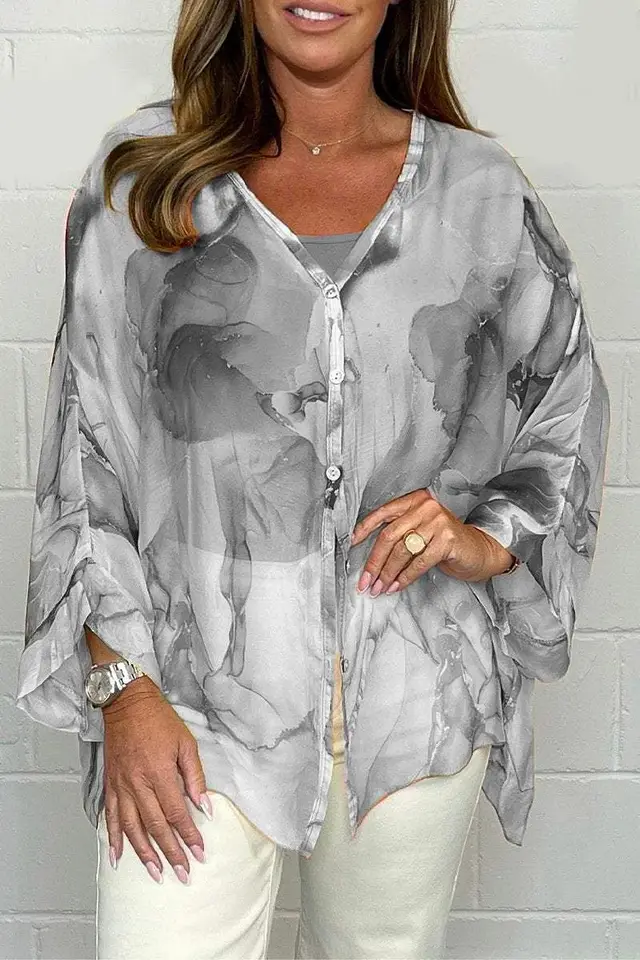 Floral Blooming Printed Chiffon Shirt Gray - Shop at LoveMi