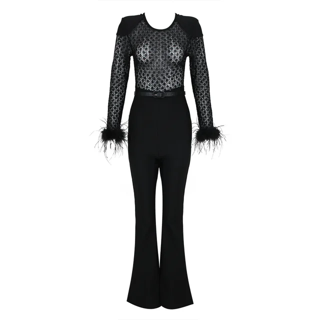 Women's Fashionable Elegant Lace Feather Sequins Bandage Jumpsuit Black - Shop at LoveMi