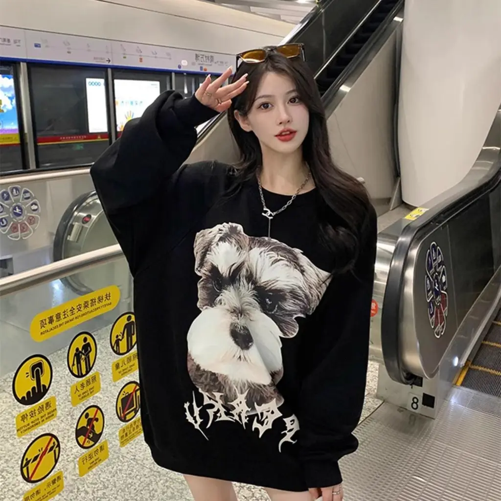 Women's Long Sleeve Loose Letter Print American Crew Neck Pullover Sweatshirt - Black Thin