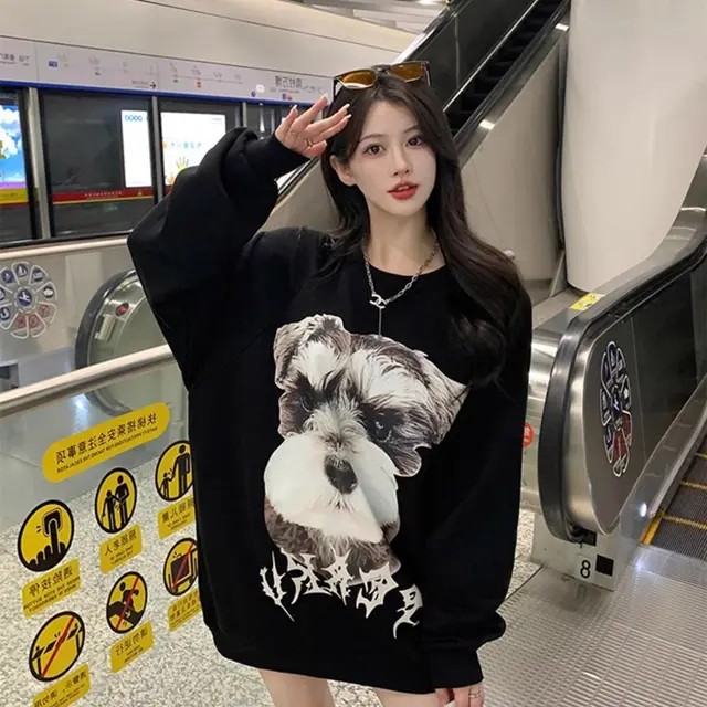 Women's Long Sleeve Loose Letter Print American Crew Neck Pullover Sweatshirt Black Thin - Shop at LoveMi