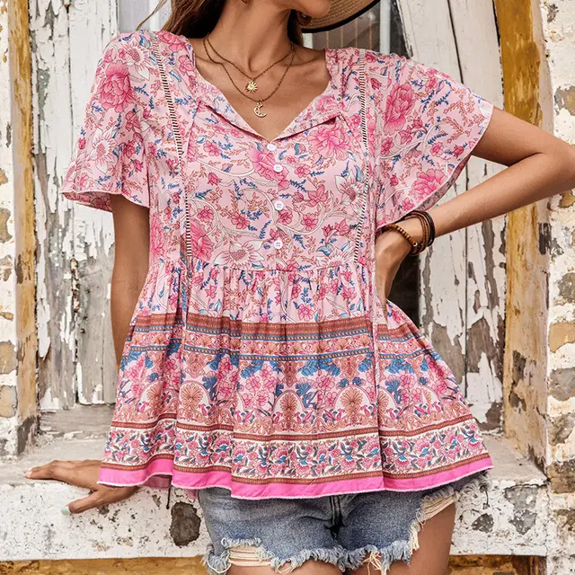 Summer Women's Bohemian Printed Short sleeved Shirt Pink - Shop at LoveMi