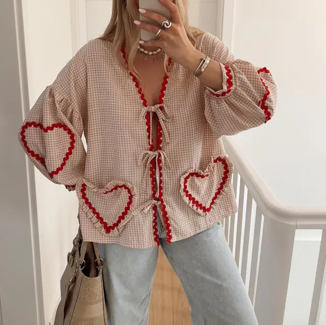 Women's Plaid V neck Shirt Love Pocket Long Sleeve Loose Top Plaid Khaki - Shop at LoveMi