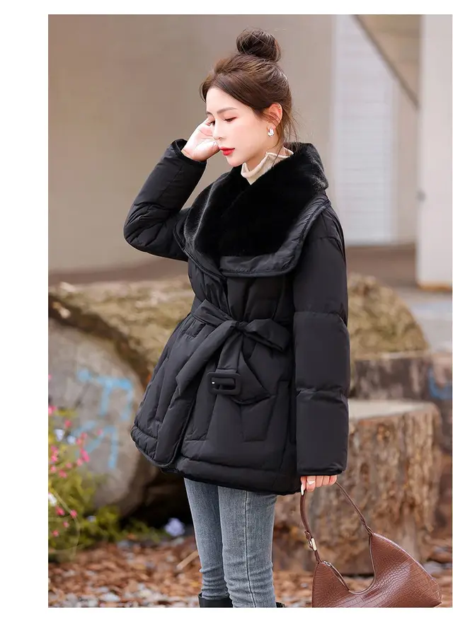Winter 90 White Duck Down Jacket Big Fur Collar Black - Shop at LoveMi