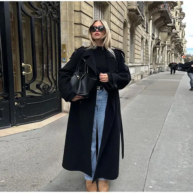 Spring Women's Trench Elegant Lapel Large Coat Black - Shop at LoveMi