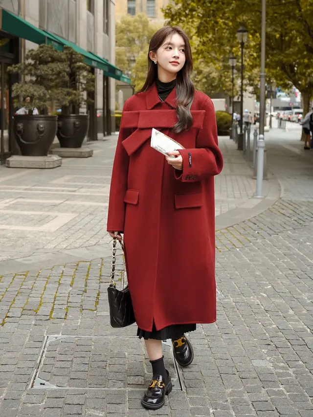 Women's Red Bowknot Woolen Coat Autumn Winter New Coat Red - Shop at LoveMi