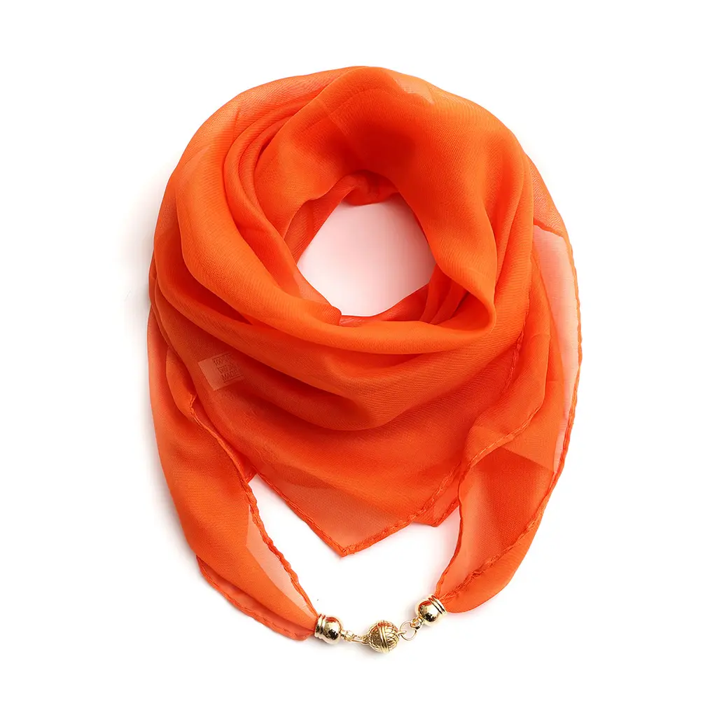 Fashion Monochrome Golden Ball Chiffon Magnetic Buckle Silk Scarf - 4 Orange