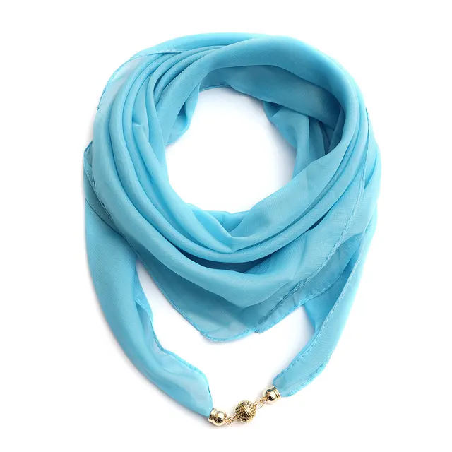 Fashion Monochrome Golden Ball Chiffon Magnetic Buckle Silk Scarf 6 Sky Blue - Shop at LoveMi