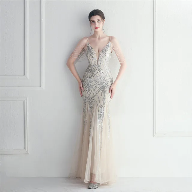 Mesh Beaded Bridal Wedding Dinner Long Camisole Evening Gown Apricot Silver - Shop at LoveMi