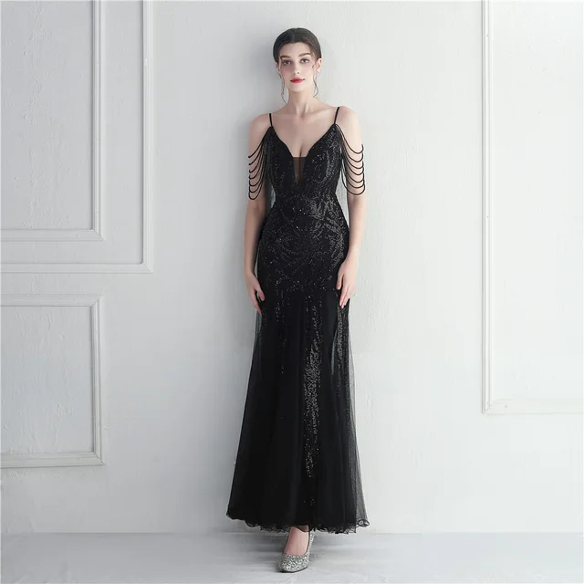 Mesh Beaded Bridal Wedding Dinner Long Camisole Evening Gown Black - Shop at LoveMi