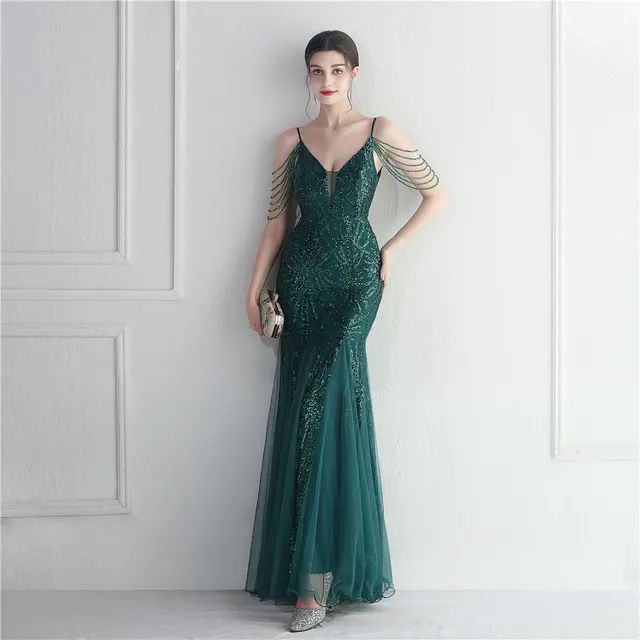 Mesh Beaded Bridal Wedding Dinner Long Camisole Evening Gown Dark Green - Shop at LoveMi