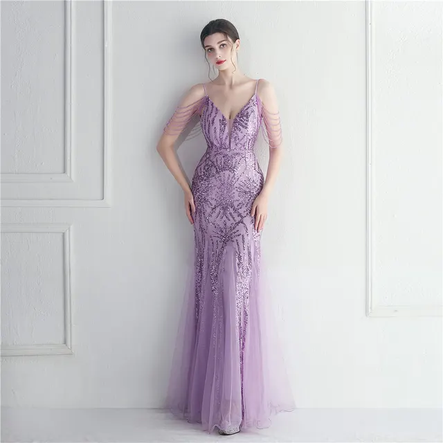 Mesh Beaded Bridal Wedding Dinner Long Camisole Evening Gown Deep Purple - Shop at LoveMi