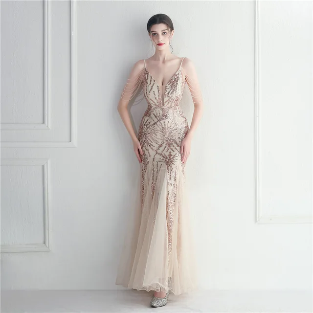 Mesh Beaded Bridal Wedding Dinner Long Camisole Evening Gown Gold - Shop at LoveMi