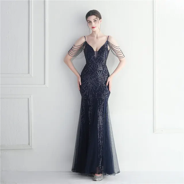 Mesh Beaded Bridal Wedding Dinner Long Camisole Evening Gown Purplish Blue - Shop at LoveMi