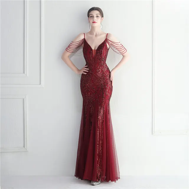 Mesh Beaded Bridal Wedding Dinner Long Camisole Evening Gown Wine Red - Shop at LoveMi