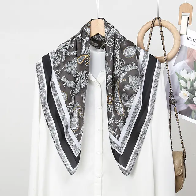 Silk Scarf Female Satin Printing Fj7551 Dark Gray - Shop at LoveMi