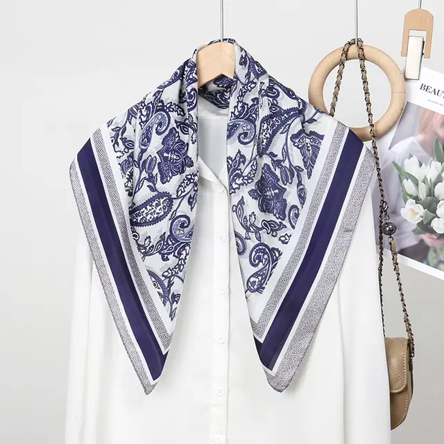 Silk Scarf Female Satin Printing Fj7552 Navy Blue - Shop at LoveMi