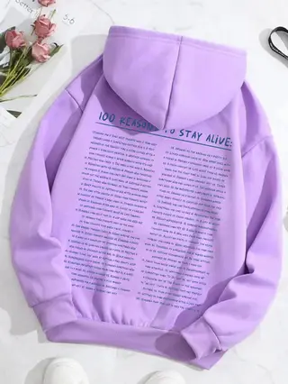 Women's Letter Printed Pocket Fleece-lined Drawstring Sweatshirt - Purple