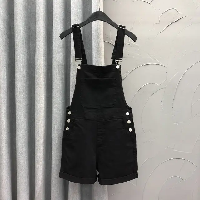 Denim Suspender Pants Women's Loose Straight leg Edged Wide Leg Shorts Black - Shop at LoveMi