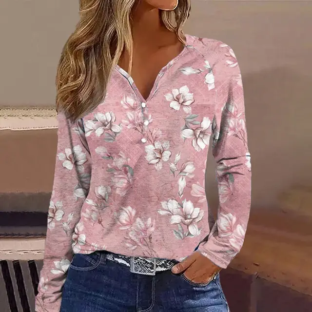 Vintage Printed Shirt V neck Long Sleeve Top Pink - Shop at LoveMi