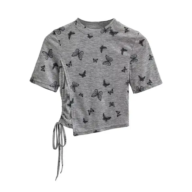 New Painting Butterfly Mesh Short Sleeve Summer Asymmetric Slim fit Shoulder T shirt Flower Gray Butterfly - Shop at LoveMi