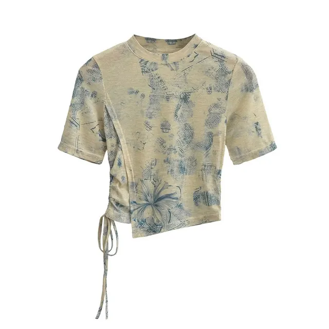 New Painting Butterfly Mesh Short Sleeve Summer Asymmetric Slim fit Shoulder T shirt Yellow Green - Shop at LoveMi