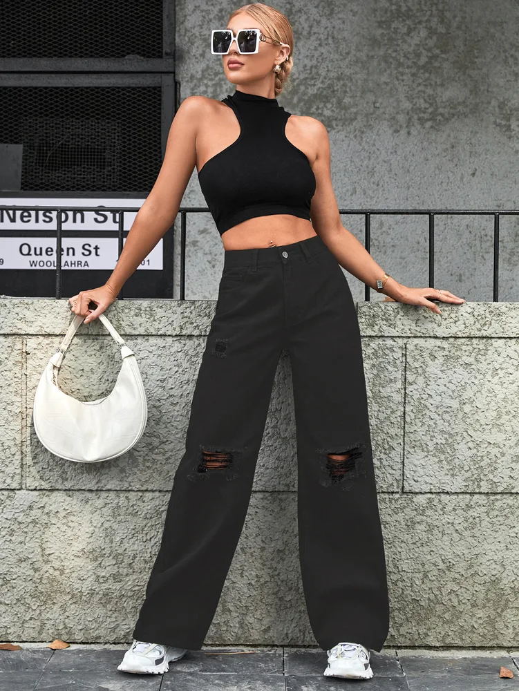 Women's Fashion Holes High Waist Casual Denim Trousers Dark Gray - Shop at LoveMi