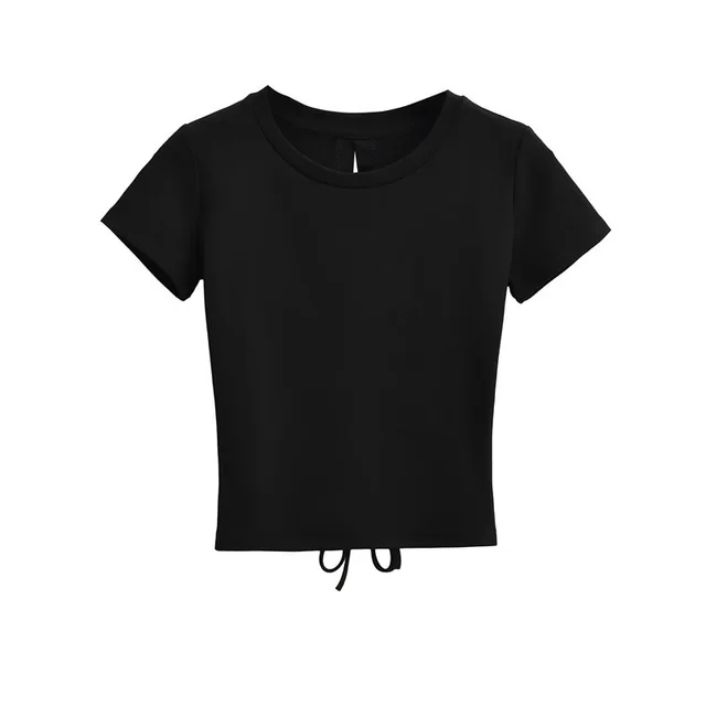 Hot Girl Back Hollow Drawstring Design Round Neck Short Sleeve Black - Shop at LoveMi