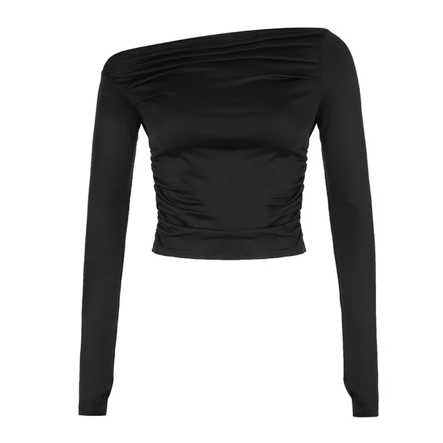 Pleated Design Cold shoulder Long Sleeve Bottoming Irregular Slim fit Navel Solid Color Top Black - Shop at LoveMi