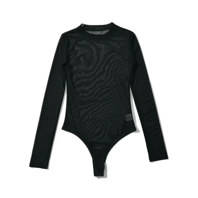 Niche Round Neck Long Sleeve Mesh Transparent Jumpsuit Black - Shop at LoveMi