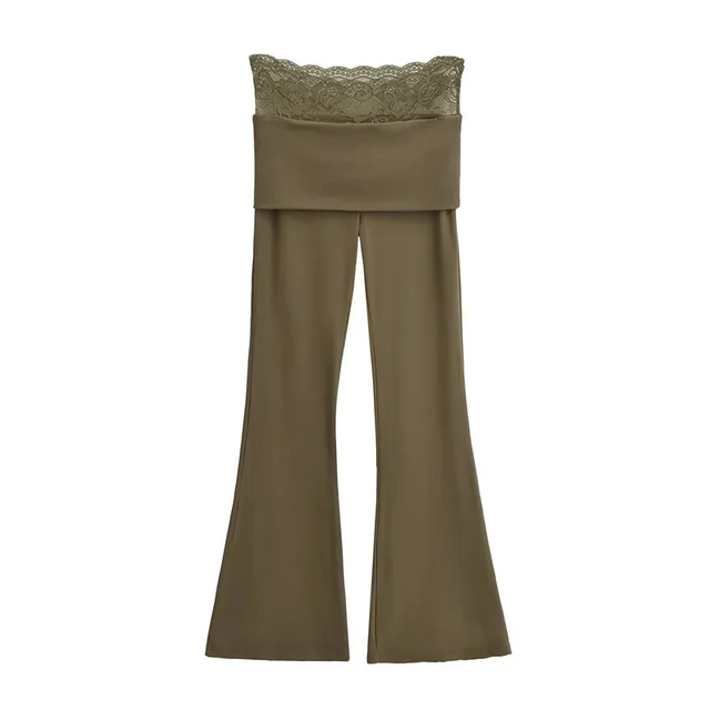 Double layer Flanging Lace Stitching Bootcut Trousers Spring Small Slim Elastic Draped Mop Trousers Brown - Shop at LoveMi