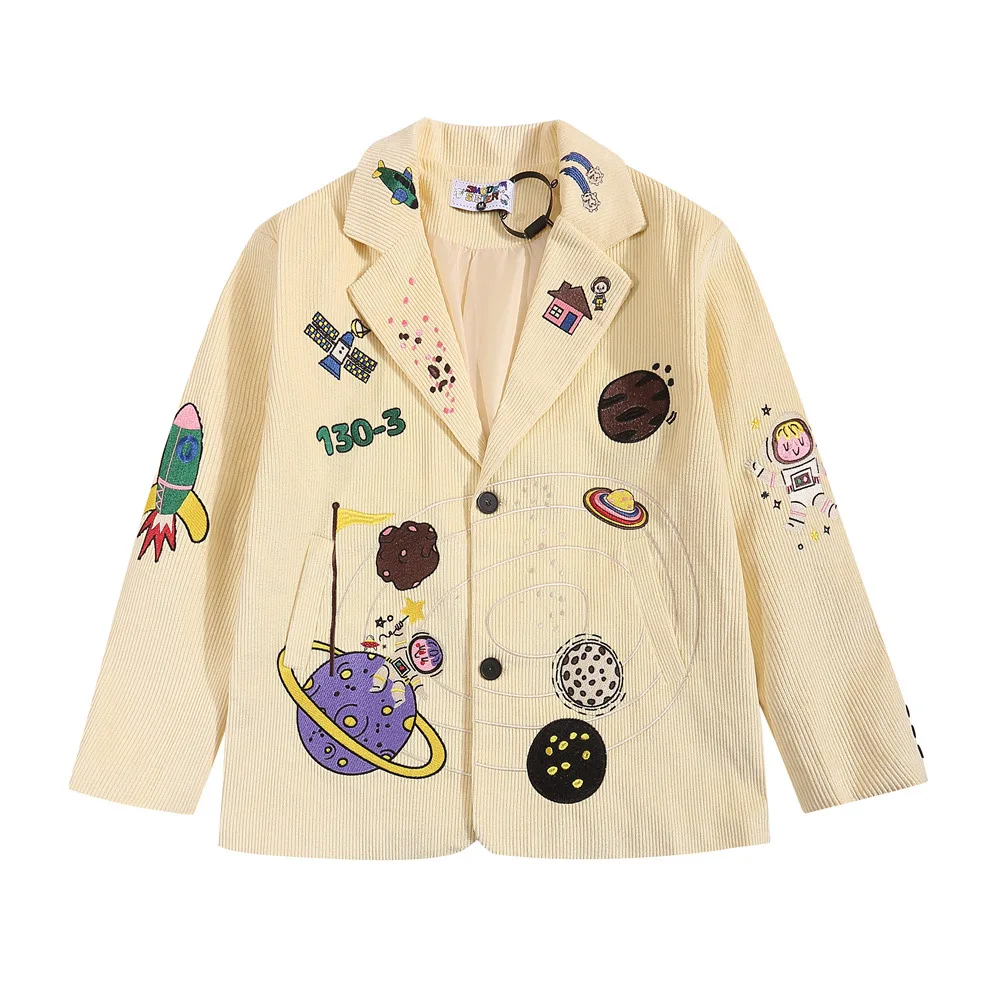 Niche Personality Corduroy Baggy Coat Cartoon Embroidered Casual Suit - Apricot