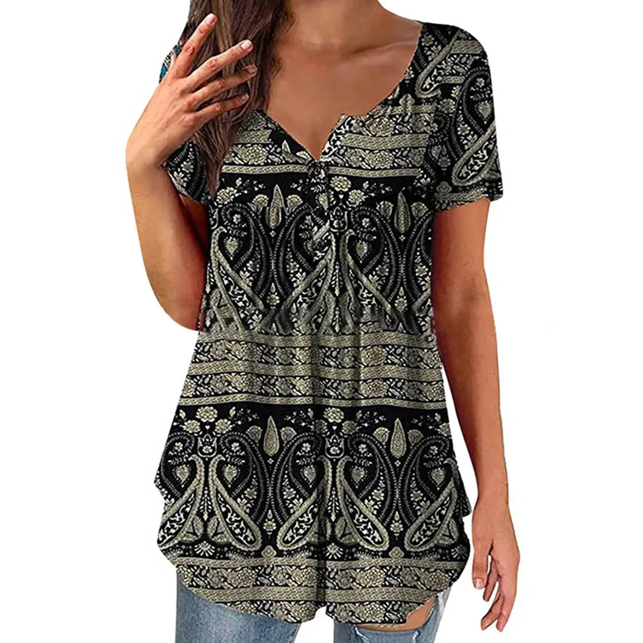 Women's Clothing Summer Fashion New Tops Digital Printing Casual Trend Short Sleeve Henley Shirt - Black