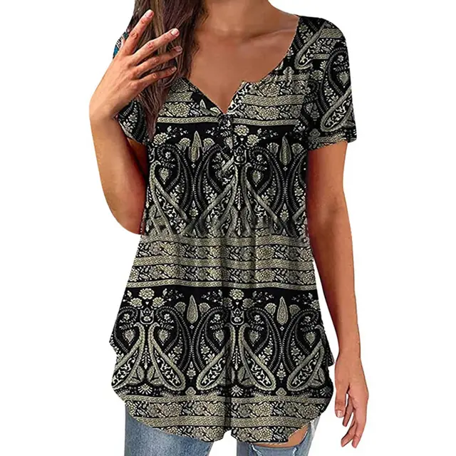 Women's Clothing Summer Fashion New Tops Digital Printing Casual Trend Short Sleeve Henley Shirt Black - Shop at LoveMi