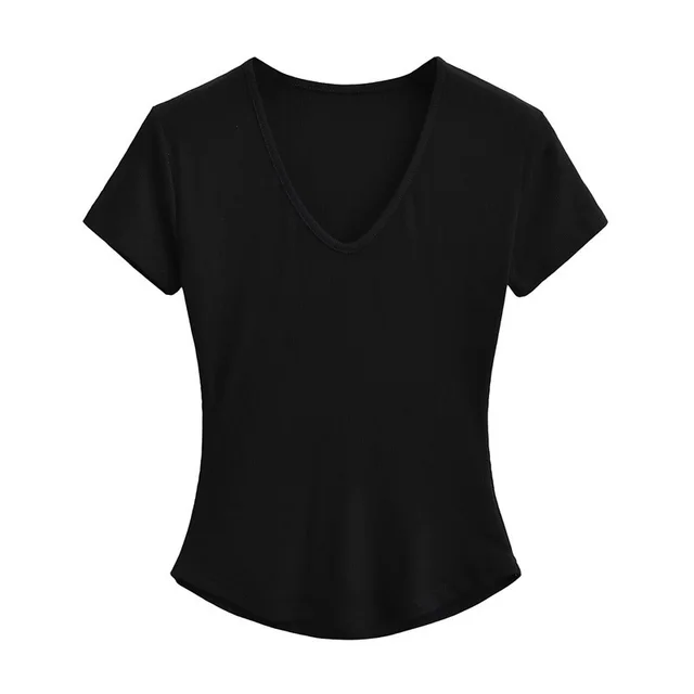 Sweet Cool Solid Color Slim V neck Shoulder Short Sleeve Curved Hem Black - Shop at LoveMi