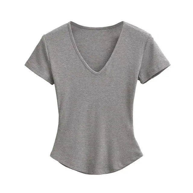 Sweet Cool Solid Color Slim V neck Shoulder Short Sleeve Curved Hem Flower Gray - Shop at LoveMi